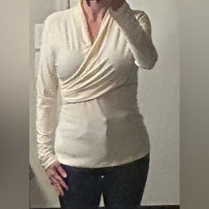 DKNY Matte Jersey Long Sleeve Faux-Wrap Blouse with Draped Neckline in Ivory